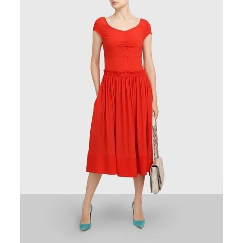 Marni Red Midi Dress US 10, Silk Blend Gingham Trim Ruched Smocked Summer Picnic